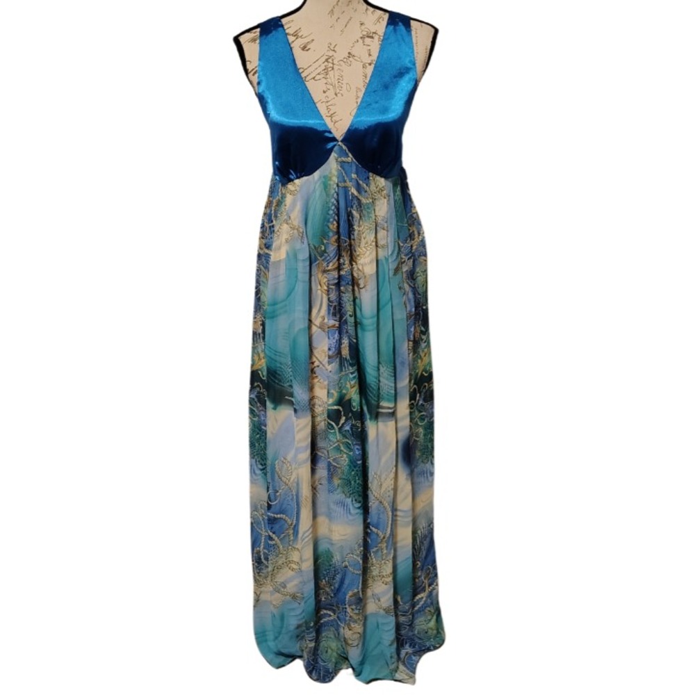 Aryeh Blue Satin‎ Chiffon Nautical Print Maxi Dress Medium Beach Mermaid Summer